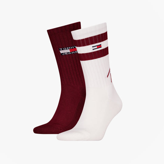 Tommy Hilfiger 2 Pack Trainer Signature Mens Crew Socks Red, side view showing two pairs: one red, one white with logo.