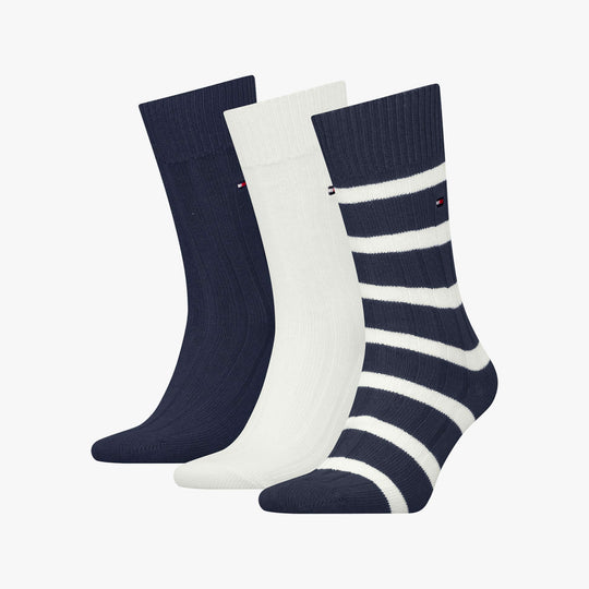 Tommy Hilfiger 3 Pack Giftbox Bootsock Mens Socks Navy featuring crew socks in navy, white, and striped design.