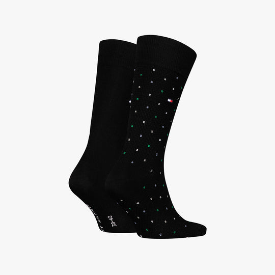 Tommy Hilfiger 2 Pack Structure Dot Mens Socks Black side view showing polka dot design and crew length.