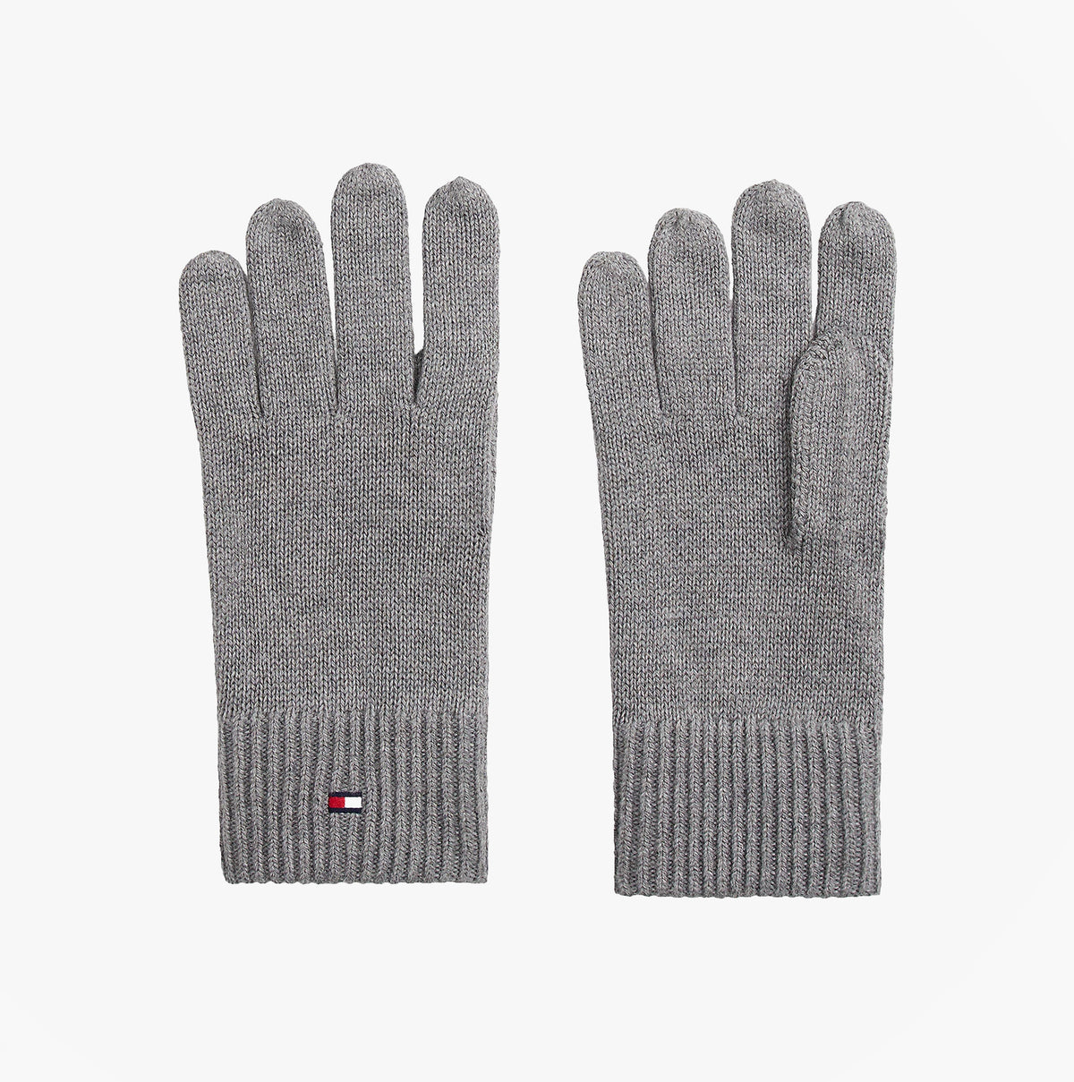 Tommy Hilfiger Mens Flag Embroidery Gloves With Cashmere Grey front view, showcasing soft knit material and signature logo.