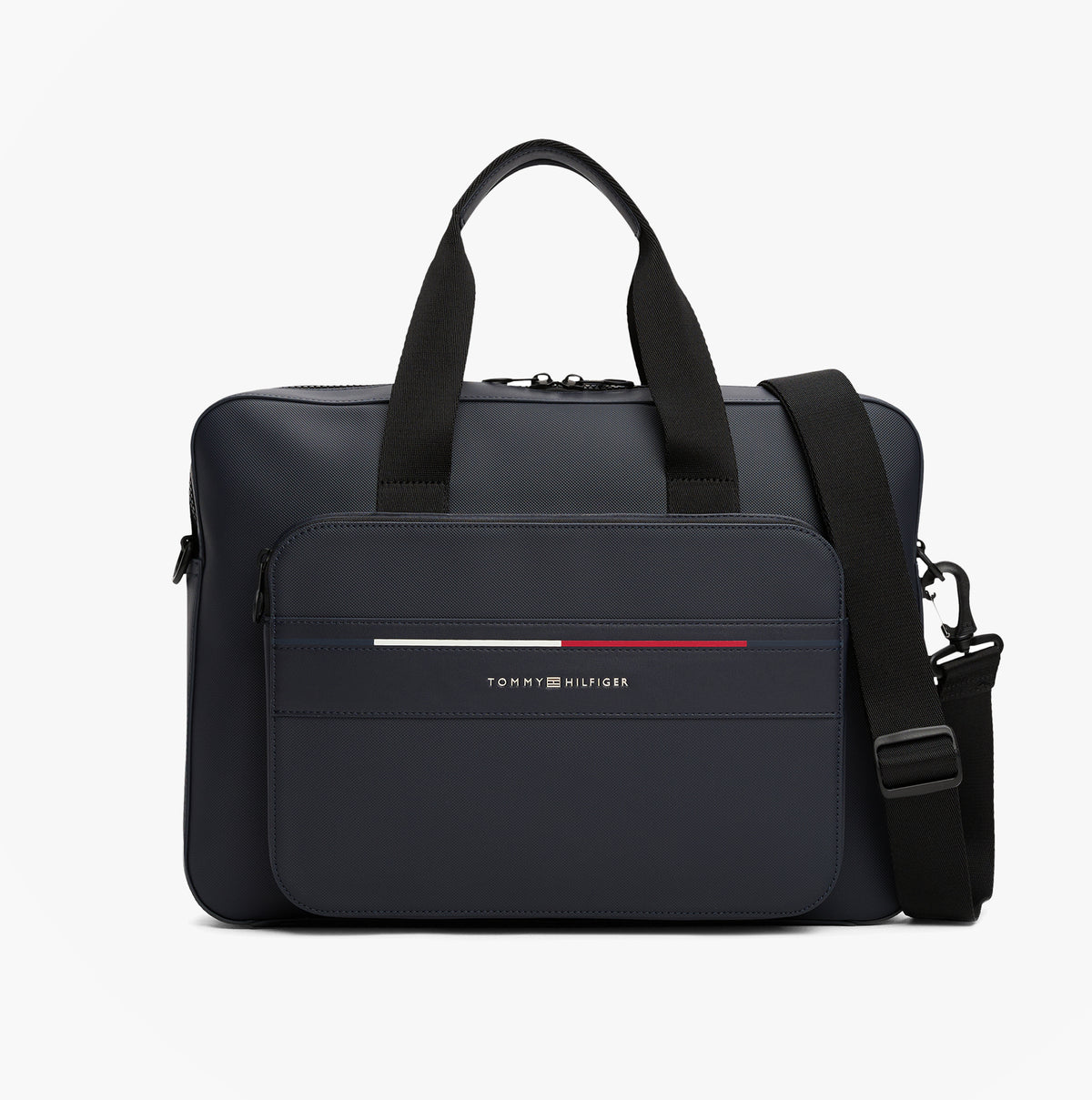 Tommy Hilfiger Signature Laptop Bag Navy front view featuring zip closure and removable shoulder strap.