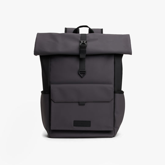 Tommy Hilfiger Mens Roll Top Backpack Charcoal Gray front view with roll top and buckle closure.