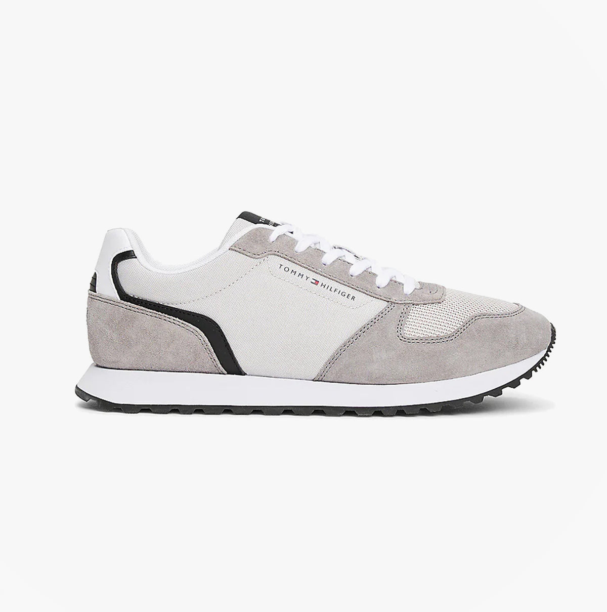 Tommy Hilfiger NEW RUNNER EVA MIX Mens Trainers Grey Whisper side view showcasing casual suede and textile design.