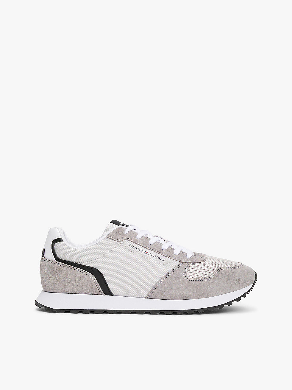 Tommy Hilfiger NEW RUNNER EVA MIX Mens Trainers Grey Whisper side view showcasing suede upper and rubber sole.