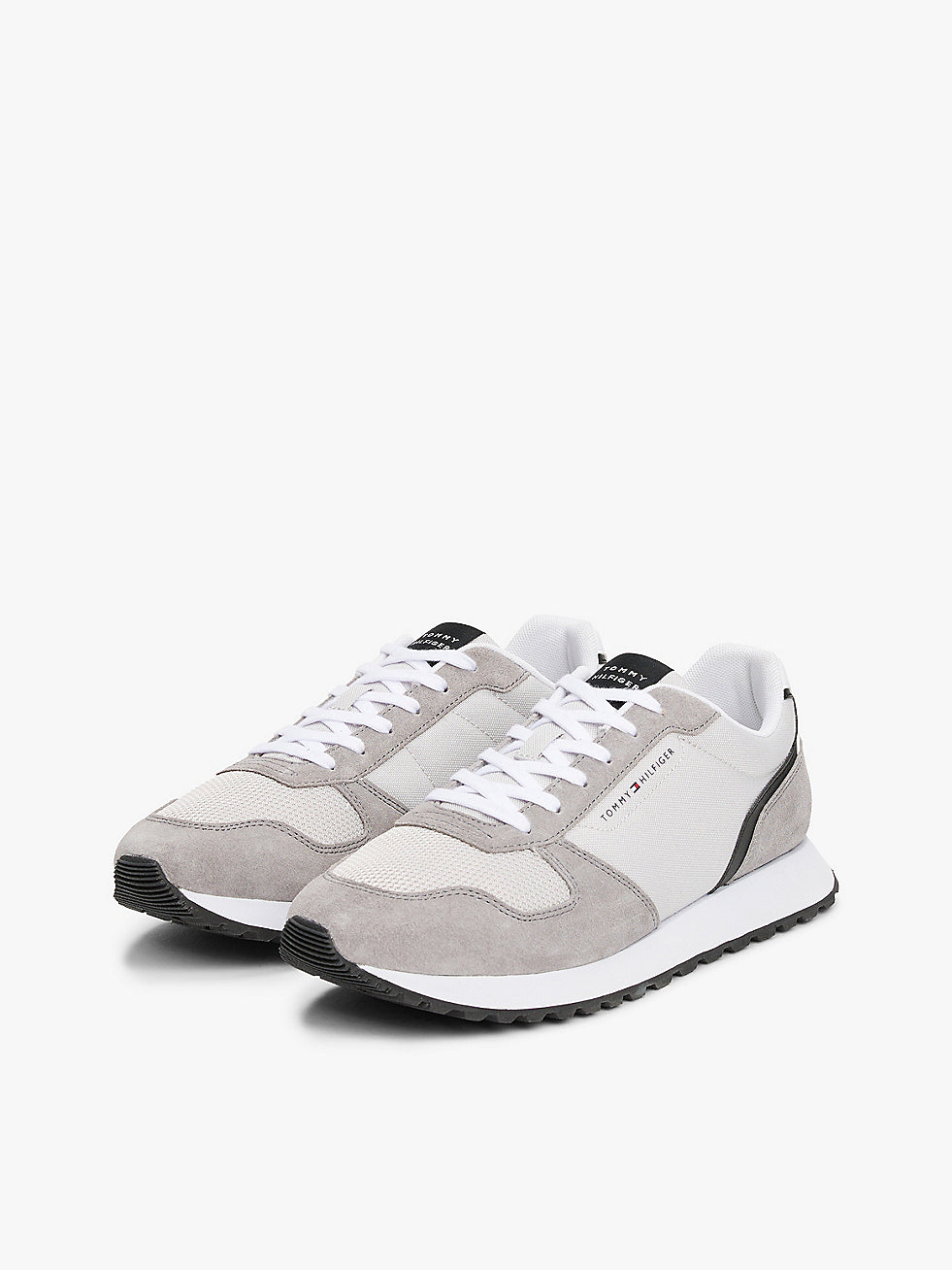 Tommy Hilfiger NEW RUNNER EVA MIX Mens Trainers Grey Whisper side view, featuring suede upper, lace-up closure and rubber sole.