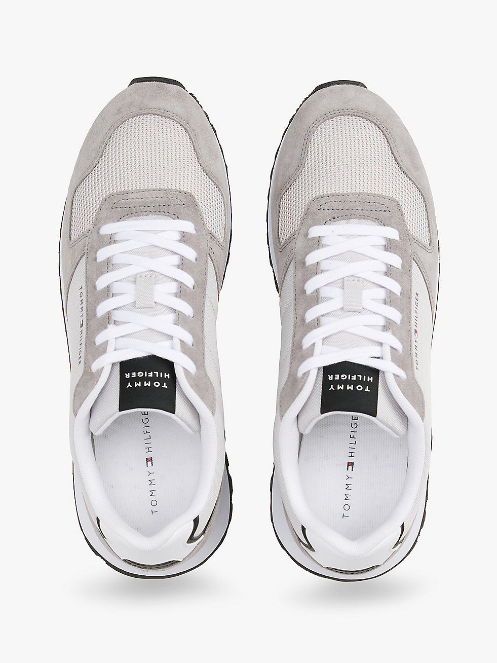 Tommy Hilfiger NEW RUNNER EVA MIX Mens Trainers Grey Whisper top view showing lace-up closure and suede upper.