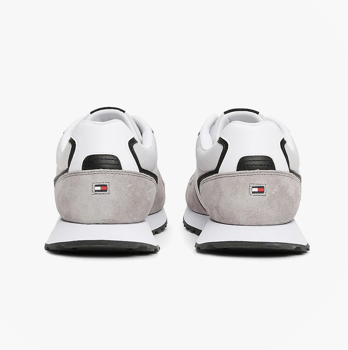 Tommy Hilfiger NEW RUNNER EVA MIX Mens Trainers Grey Whisper rear view showing suede and textile upper with rubber sole.