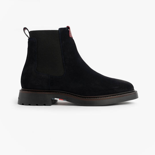 Tommy Hilfiger HILFIGER COMFORT Mens Suede Chelsea Boots Desert Sky side view showcasing black suede and pull-on design.
