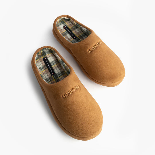 Tommy Hilfiger HILFIGER M SDE CHECK Mens House Slippers Desert Khaki top view showing soft textile upper and plaid lining.