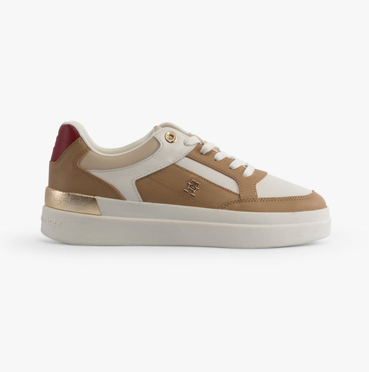 Tommy Hilfiger MONOGRAM METALLIC LEATHER  Womens Court Trainers Classic Khaki