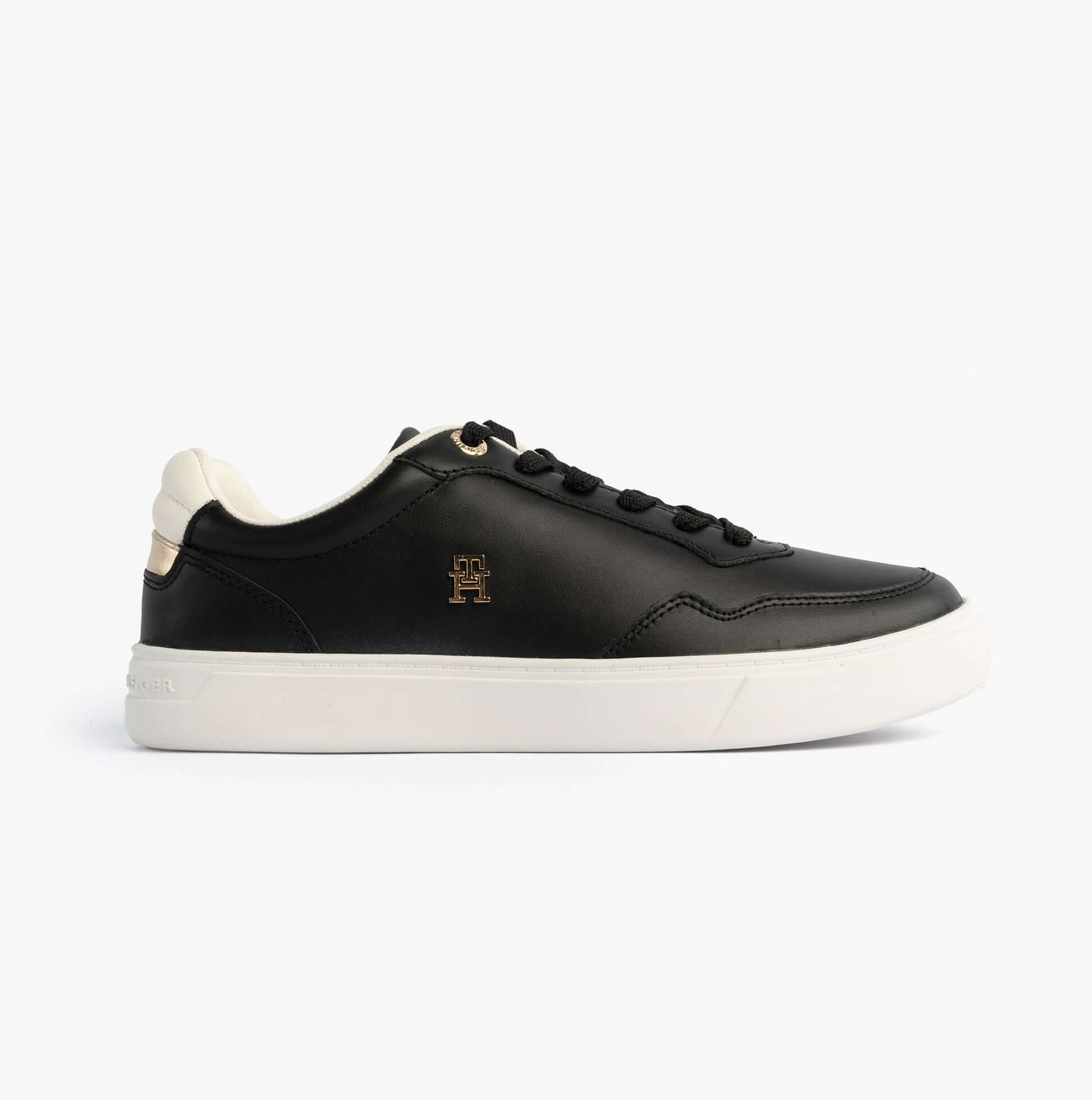 Tommy Hilfiger Womens Leather TH Monogram Plaque Court Trainers Black