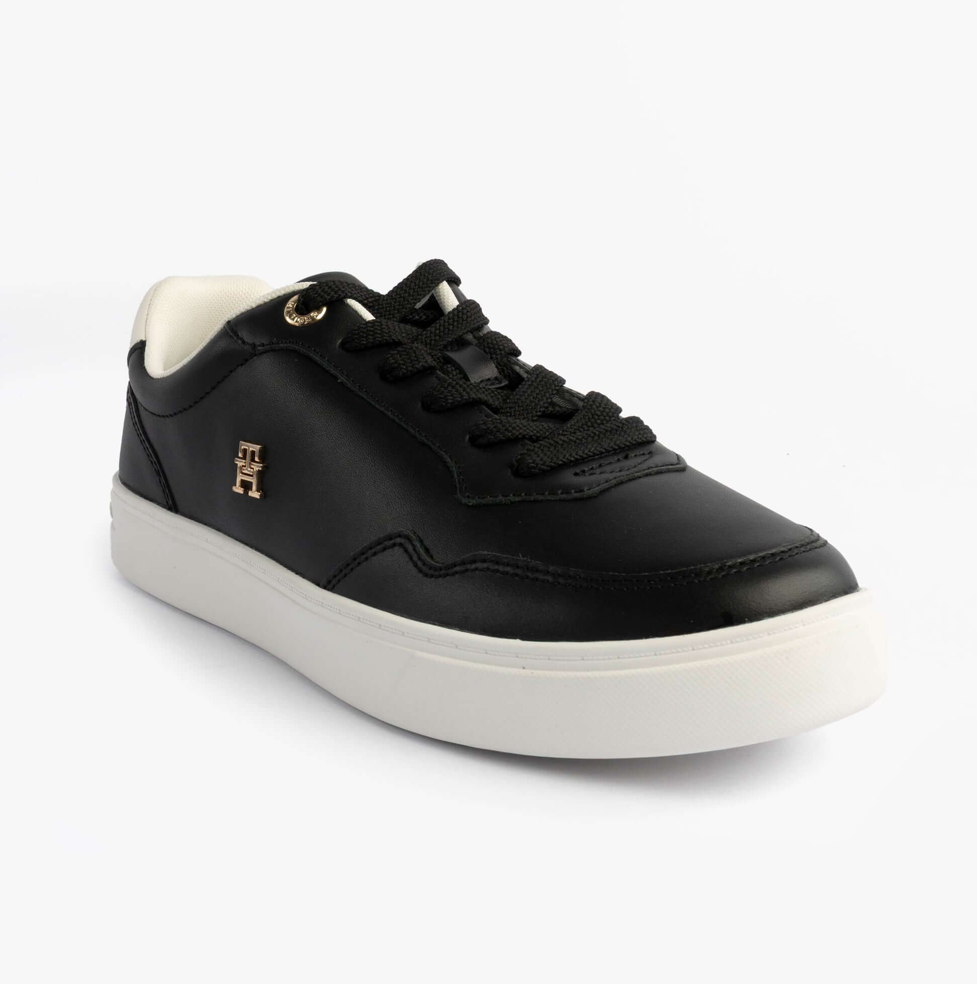 Tommy Hilfiger Womens Leather TH Monogram Plaque Court Trainers Black