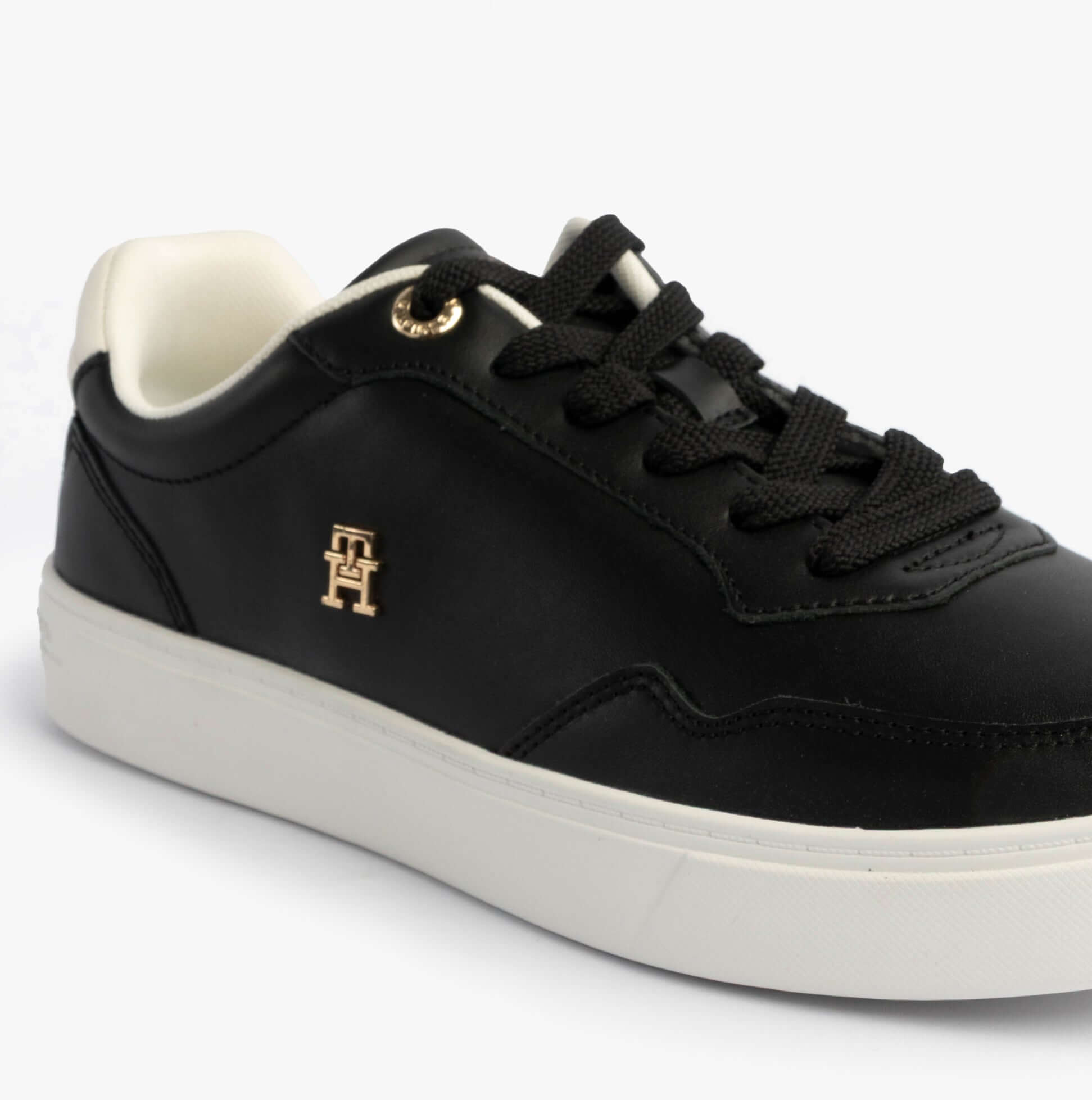 Tommy Hilfiger Womens Leather TH Monogram Plaque Court Trainers Black