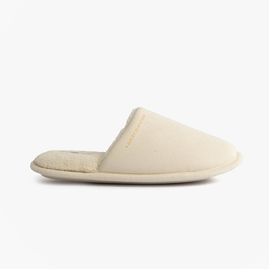 Tommy Hilfiger TH SOFT HOUSE SHOE Womens Slippers Ancient White side view showcasing the soft textile upper and flat sole.