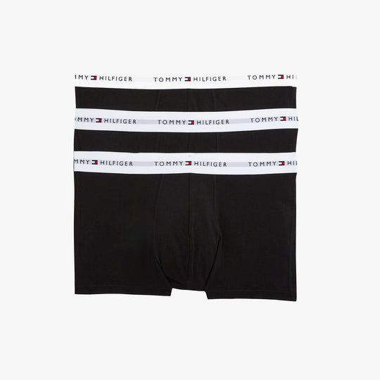 Tommy Hilfiger Mens 3 Pack Trunks Black front view, showing three black trunks with logo waistband.