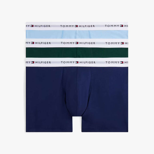 Tommy Hilfiger Mens 3 Pack Logo Waistband Boxer Briefs Multi front view showcasing blue, green, and navy boxers.