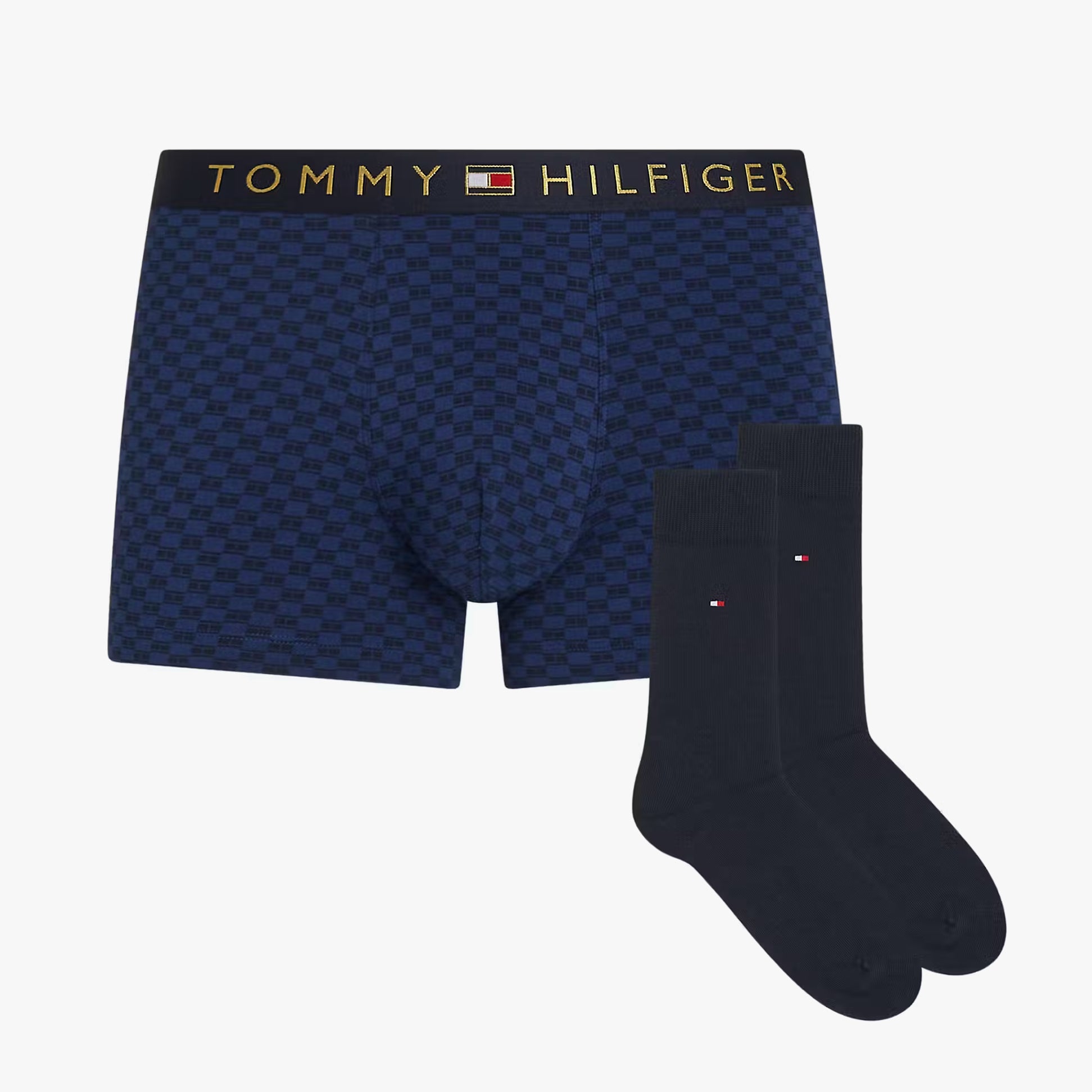 Tommy Hilfiger TRUNK PRINT & SOCK SET GOLD Mens Multicoloured front view showing navy trunks and matching socks.