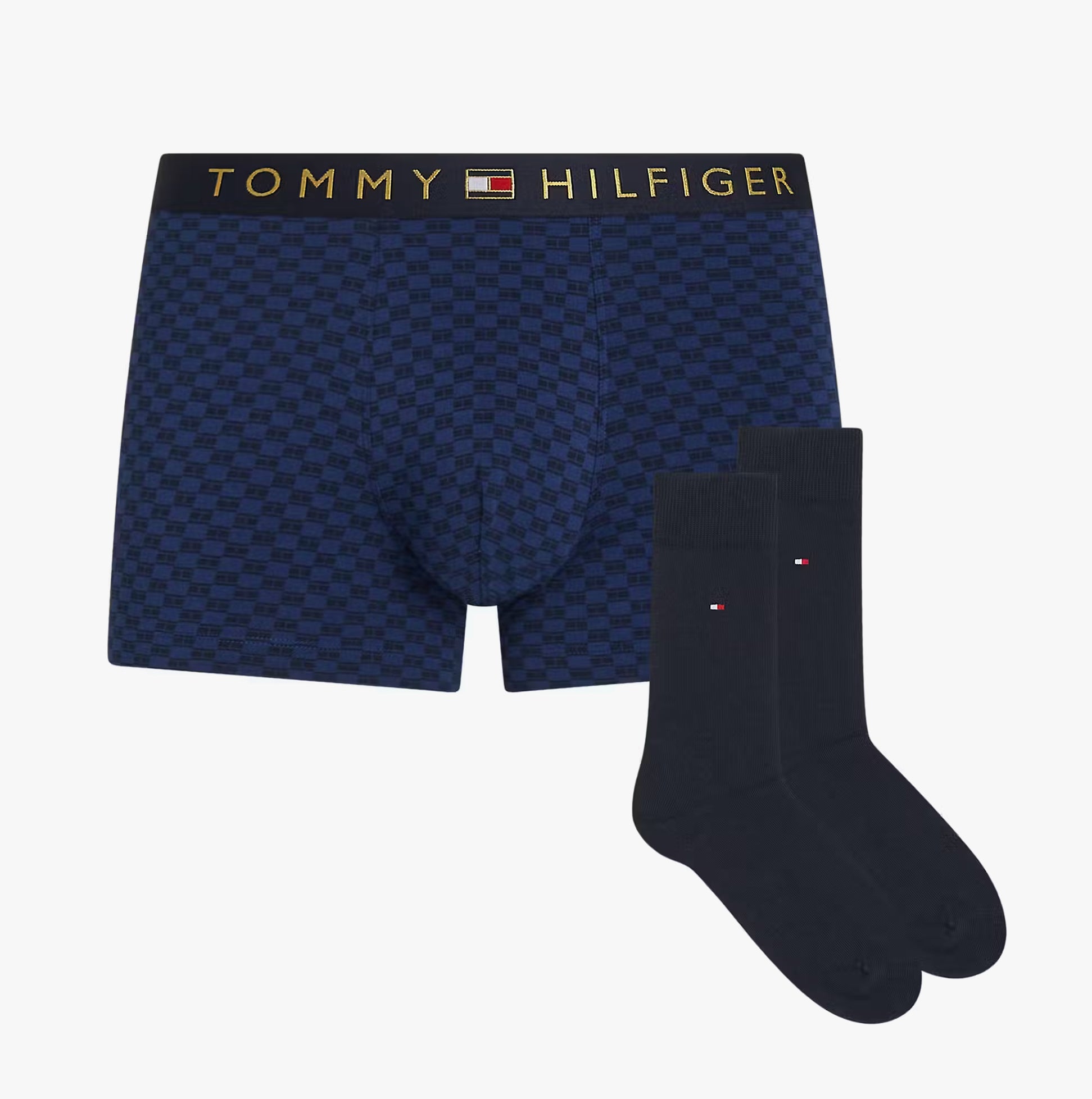 Tommy Hilfiger TRUNK PRINT & SOCK SET GOLD Mens Multicoloured front view showing navy trunks and matching socks.