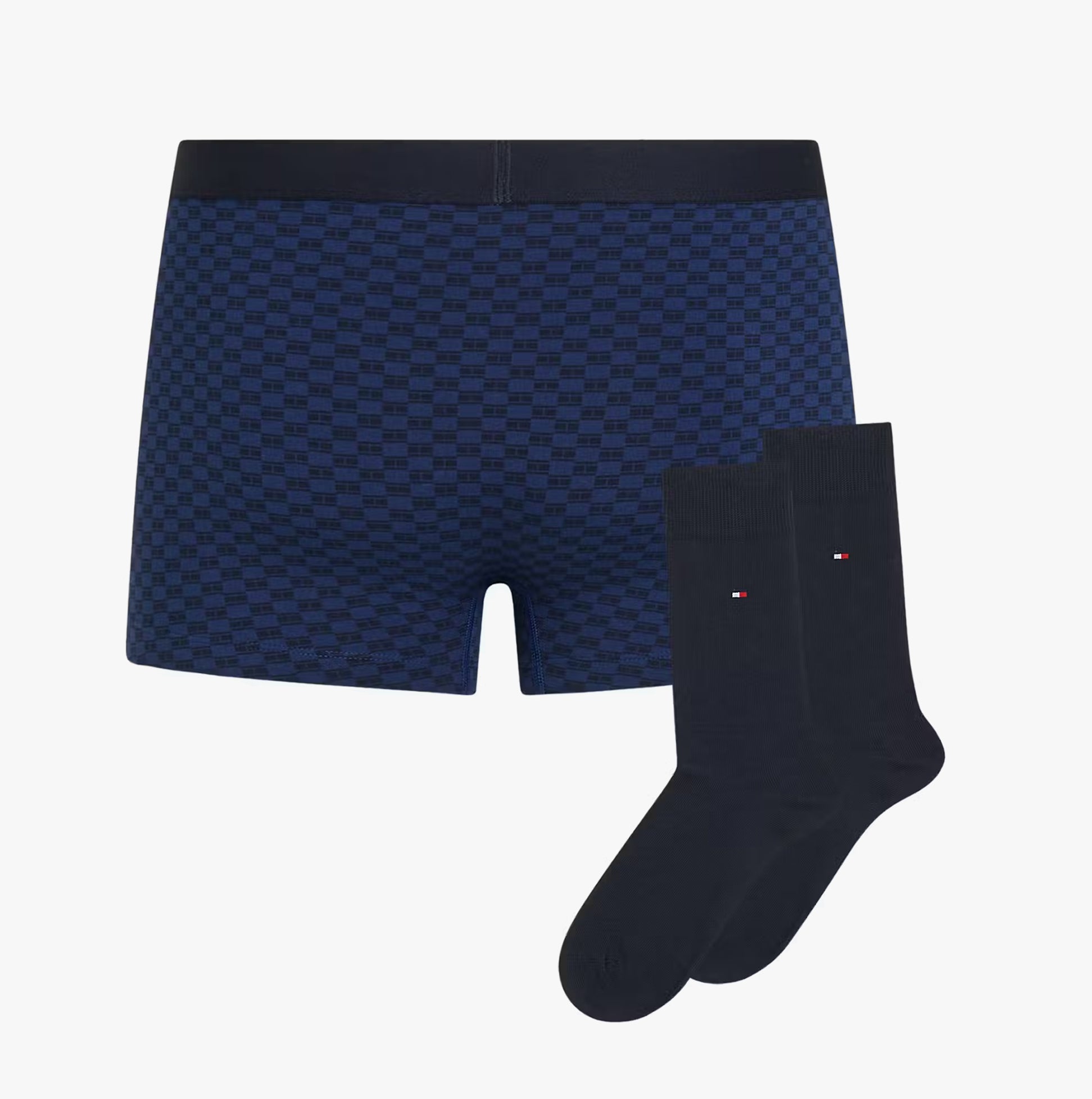 Tommy Hilfiger TRUNK PRINT & SOCK SET GOLD Mens Multicoloured front view featuring navy checkered trunks and matching socks.