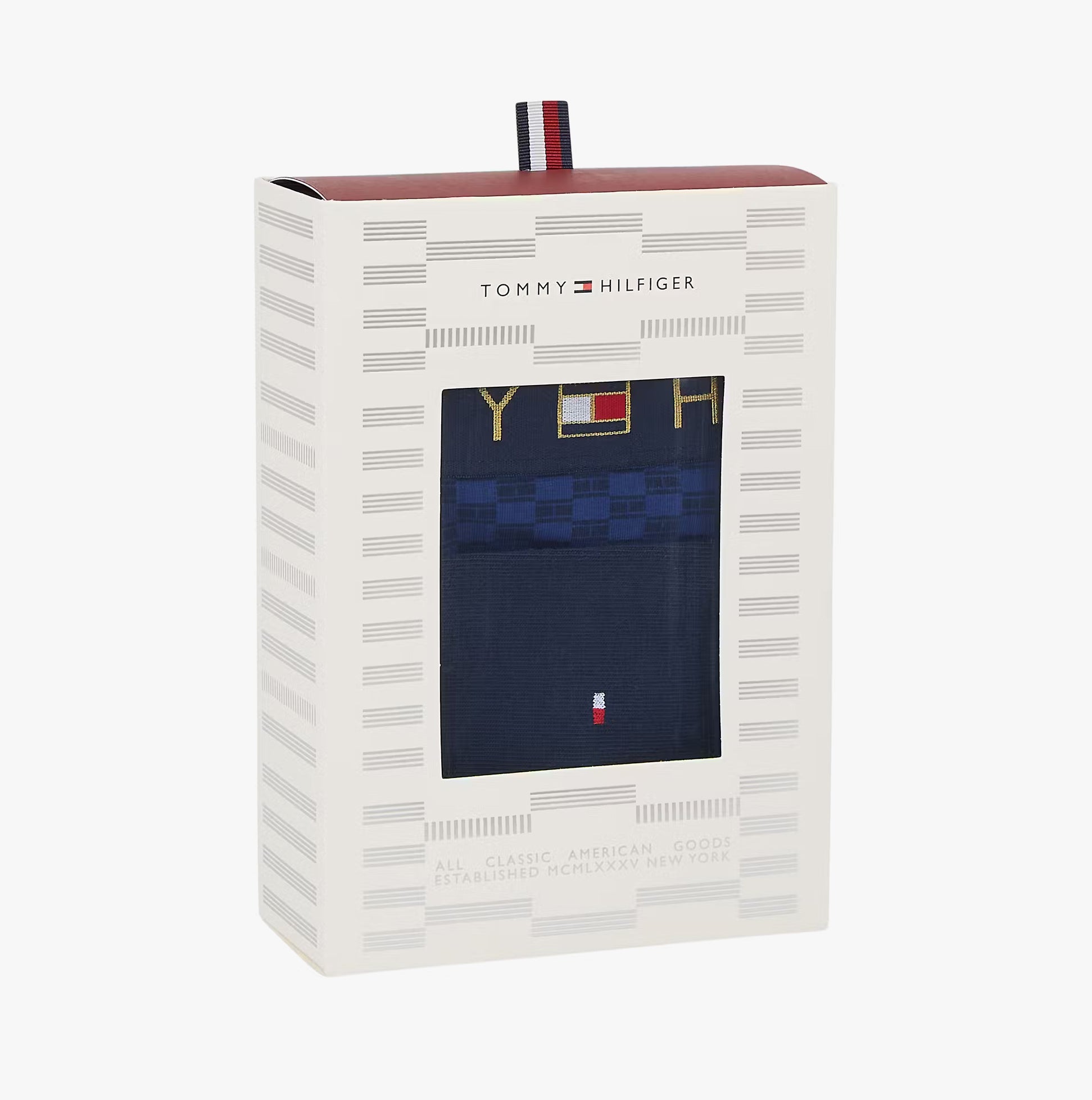 Tommy Hilfiger TRUNK PRINT & SOCK SET GOLD Mens Multicoloured gift boxed front view showcasing packaging design.