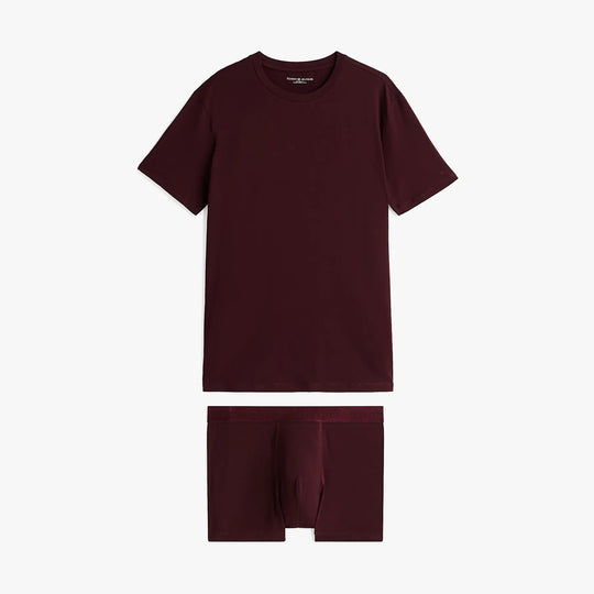 Tommy Hilfiger EVERYDAY LUXE Mens Trunk & Tee Deep Burg/Deep Burg front view showing the tee and trunk in deep burgundy.