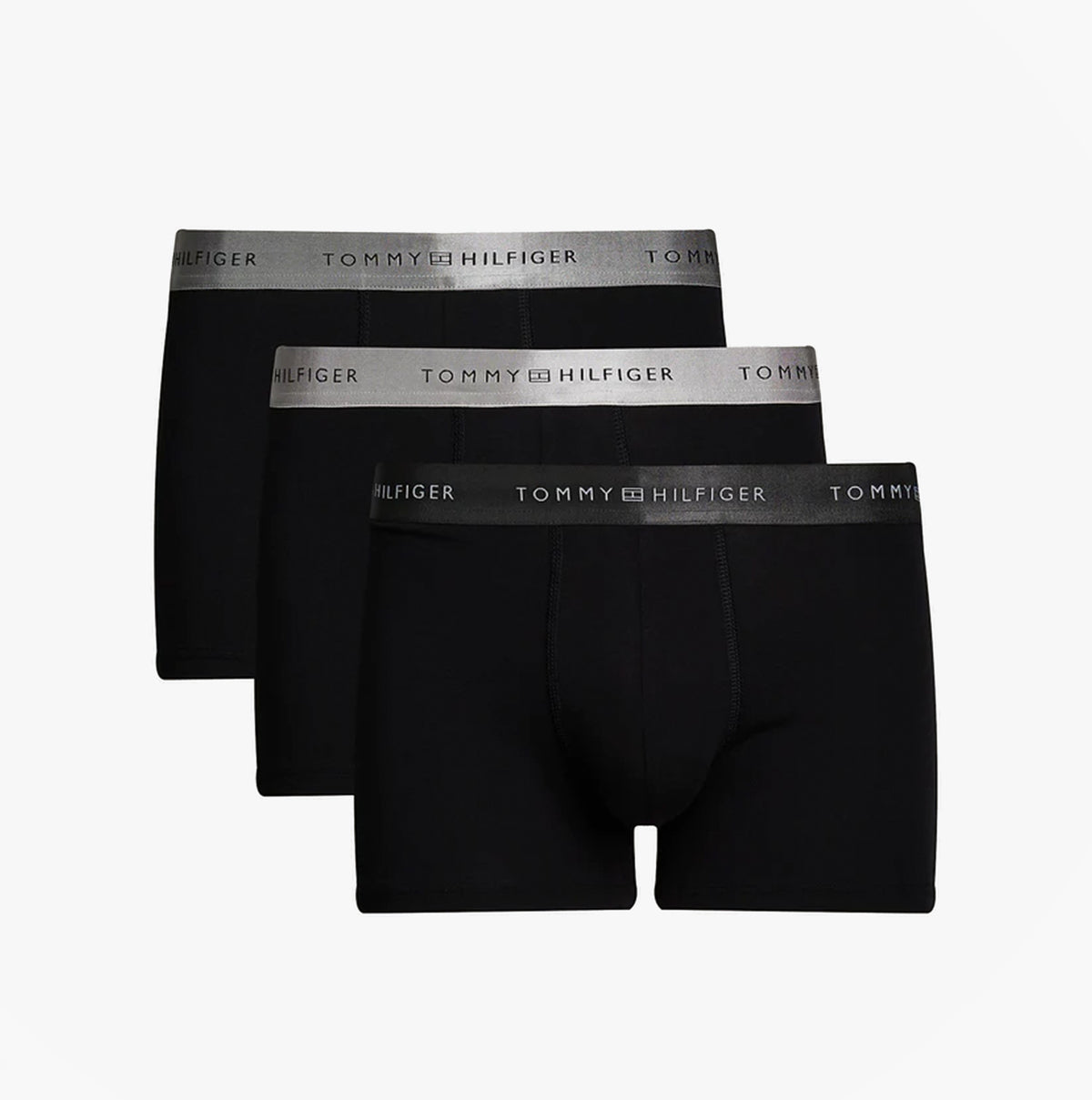 Tommy Hilfiger SIGNATURE COTTON Mens 3 Pack Trunks Black side view displaying three pairs with elasticated waistbands.