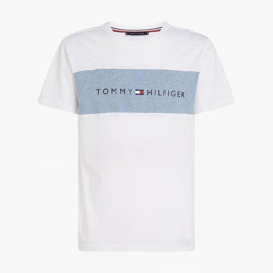Tommy Hilfiger COLOUR BLOCKED Mens T-Shirt Optic White front view featuring blue panel and logo