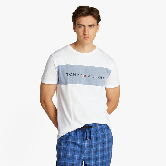 Tommy Hilfiger COLOUR BLOCKED Mens T-Shirt Optic White front view, featuring colour-blocked panel and TH logo.