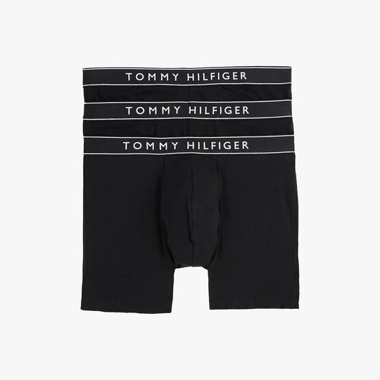 Tommy Hilfiger Mens 3 Pack Waistband Boxer Brief Black displayed in a front view showing three black boxer briefs with logo.