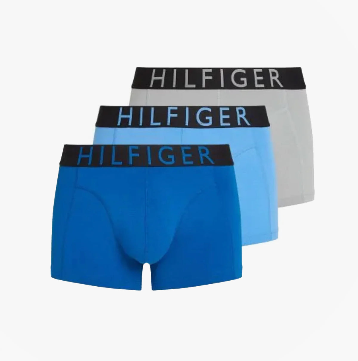 Tommy Hilfiger TRUNK 3 Pack Mens Trunk Multicoloured side view displaying three trunks in blue tones and contrasting logo waistbands.