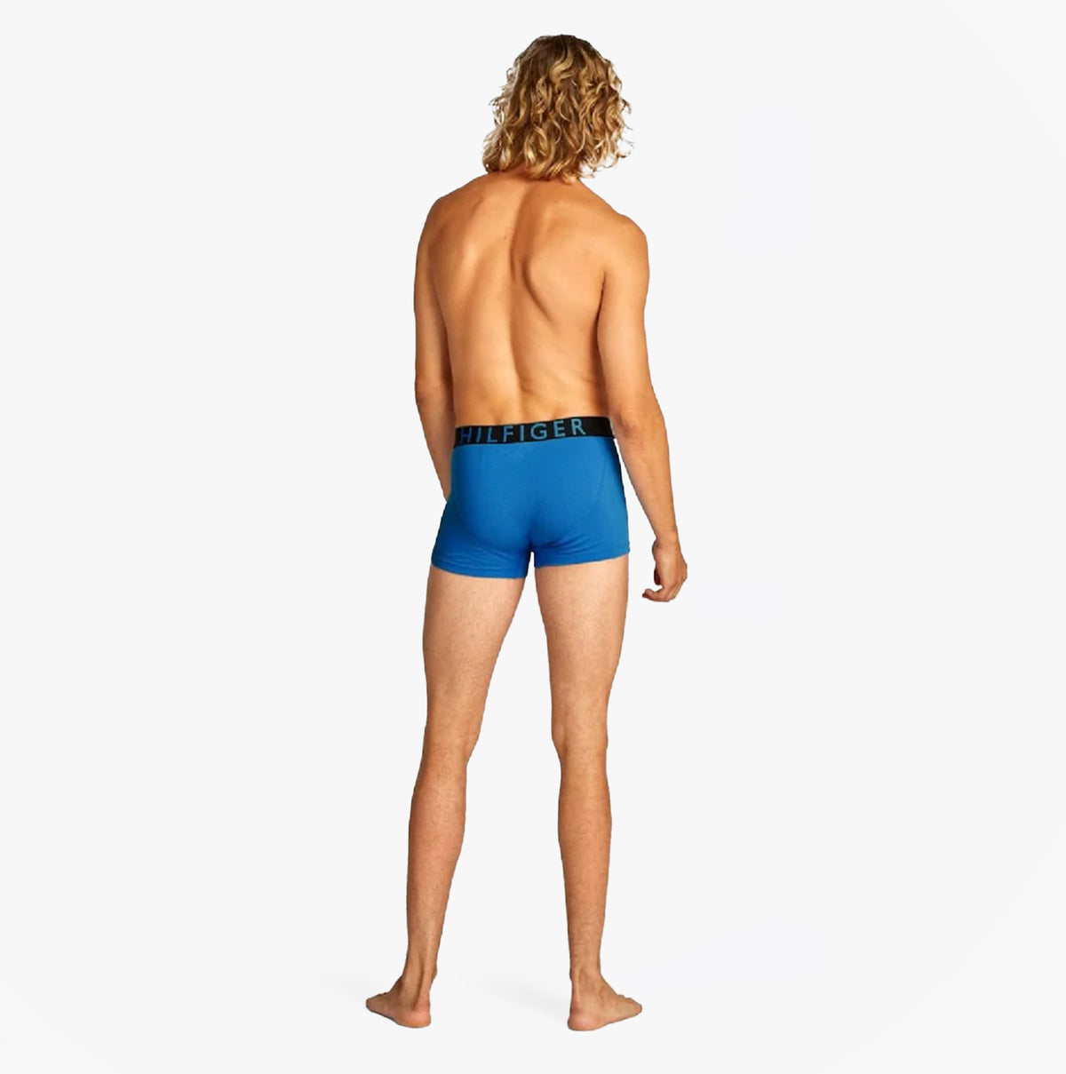 Tommy Hilfiger TRUNK 3 Pack Mens Trunk Multicoloured back view of man wearing blue trunk with logo waistband.