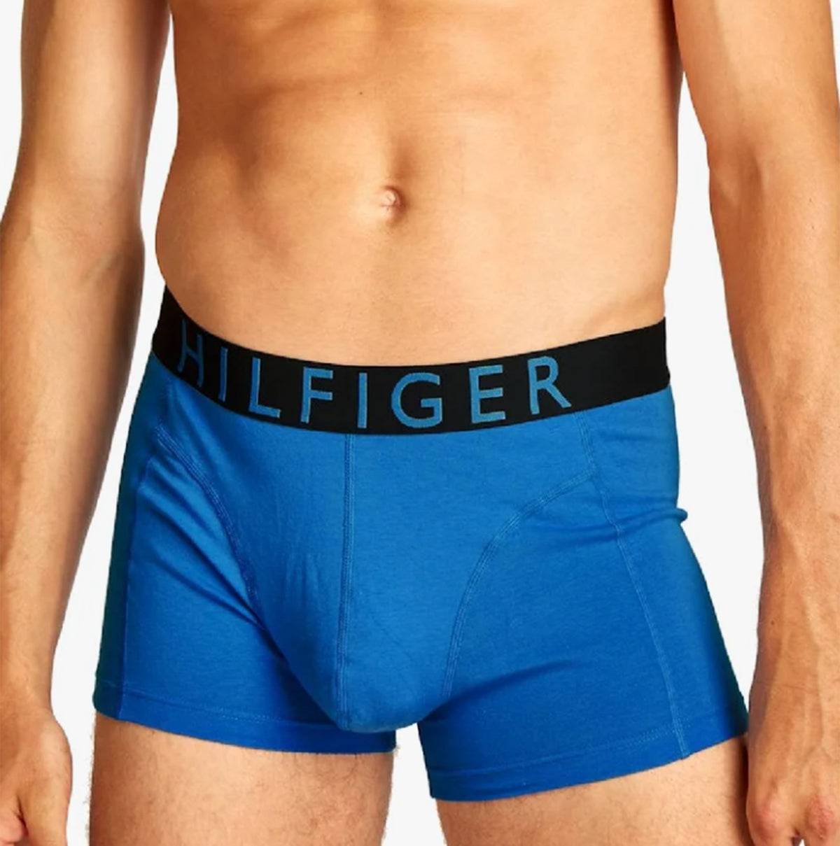 Tommy Hilfiger TRUNK 3 Pack Mens Trunk Multicoloured front view showing blue trunk with logo waistband.