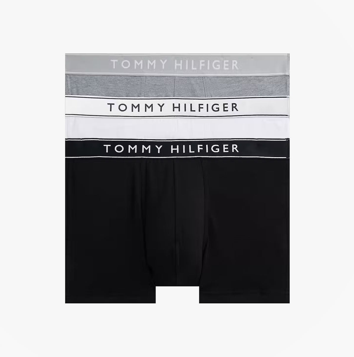 Tommy Hilfiger Mens 3 Pack Trunks Grey/Black/White front view showcasing grey, white, and black trunks with logo