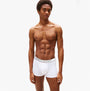 Tommy Hilfiger Mens 3 Pack Trunks Grey/Black/White front view on model wearing white trunks with logo waistband.
