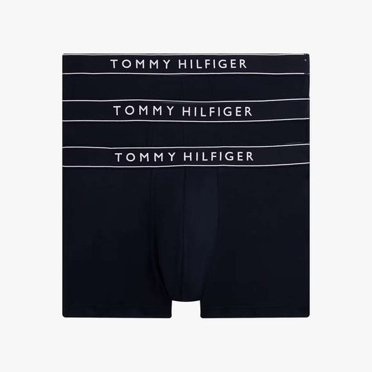 Tommy Hilfiger Mens 3 Pack Logo Waistband Trunks Multi side view showing three trunks with logo waistbands in black.