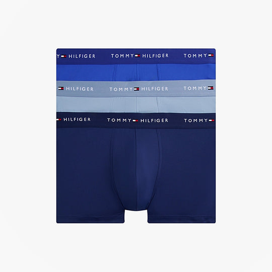 Tommy Hilfiger 3-Pack Signature Mens Microfibre Trunks Multicoloured front view displaying blue and navy trunks with logo bands.
