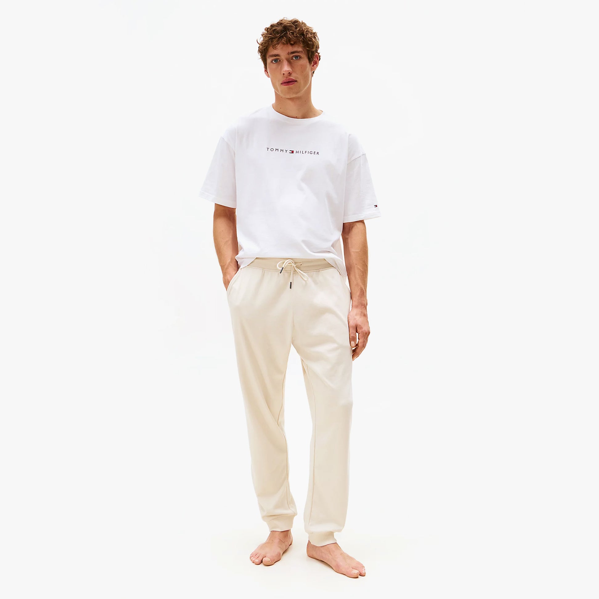 Tommy Hilfiger TH Original Mens Logo Lounge Joggers Off White Newsprint