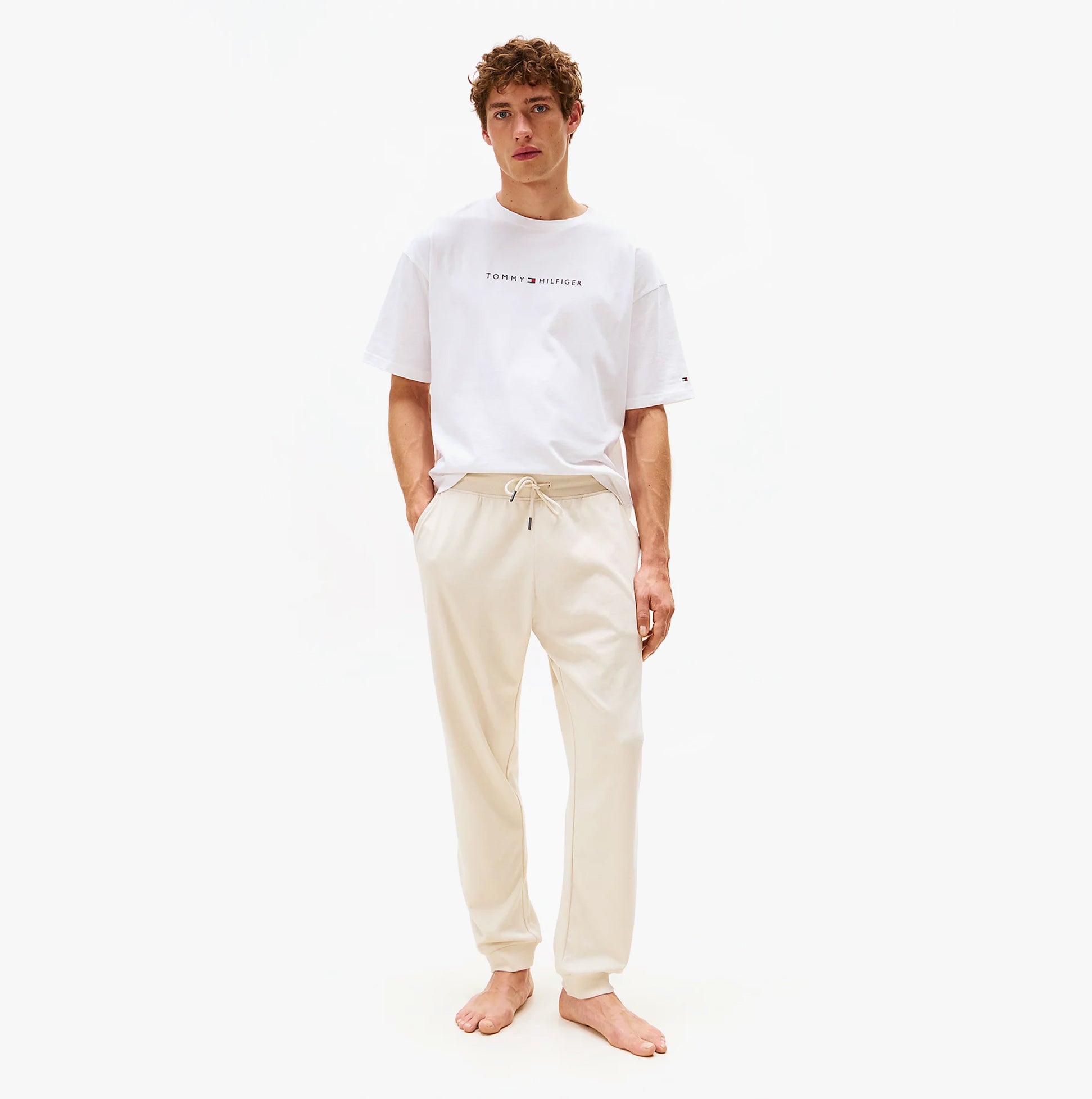 Tommy Hilfiger TH Original Mens Logo Lounge Joggers Off White Newsprint