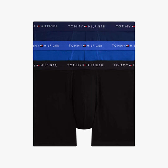 Tommy Hilfiger 3 Pack Mens BOXER BRIEF Multi view showcasing three pairs: one black, one blue, and one with logo waistband.