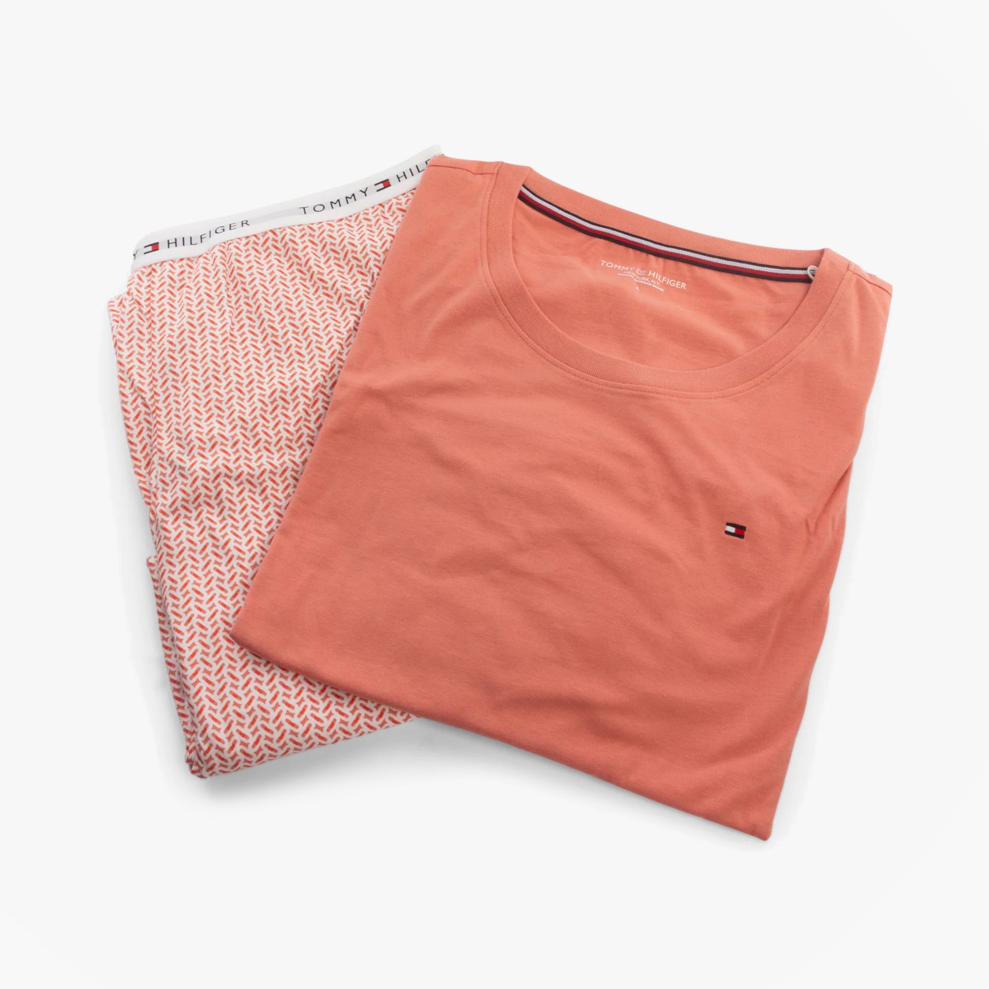 Tommy Hilfiger TH ICON Long Sleeve Jersey Pyjama Set Womens Coral Clay / Mini Geo Pink