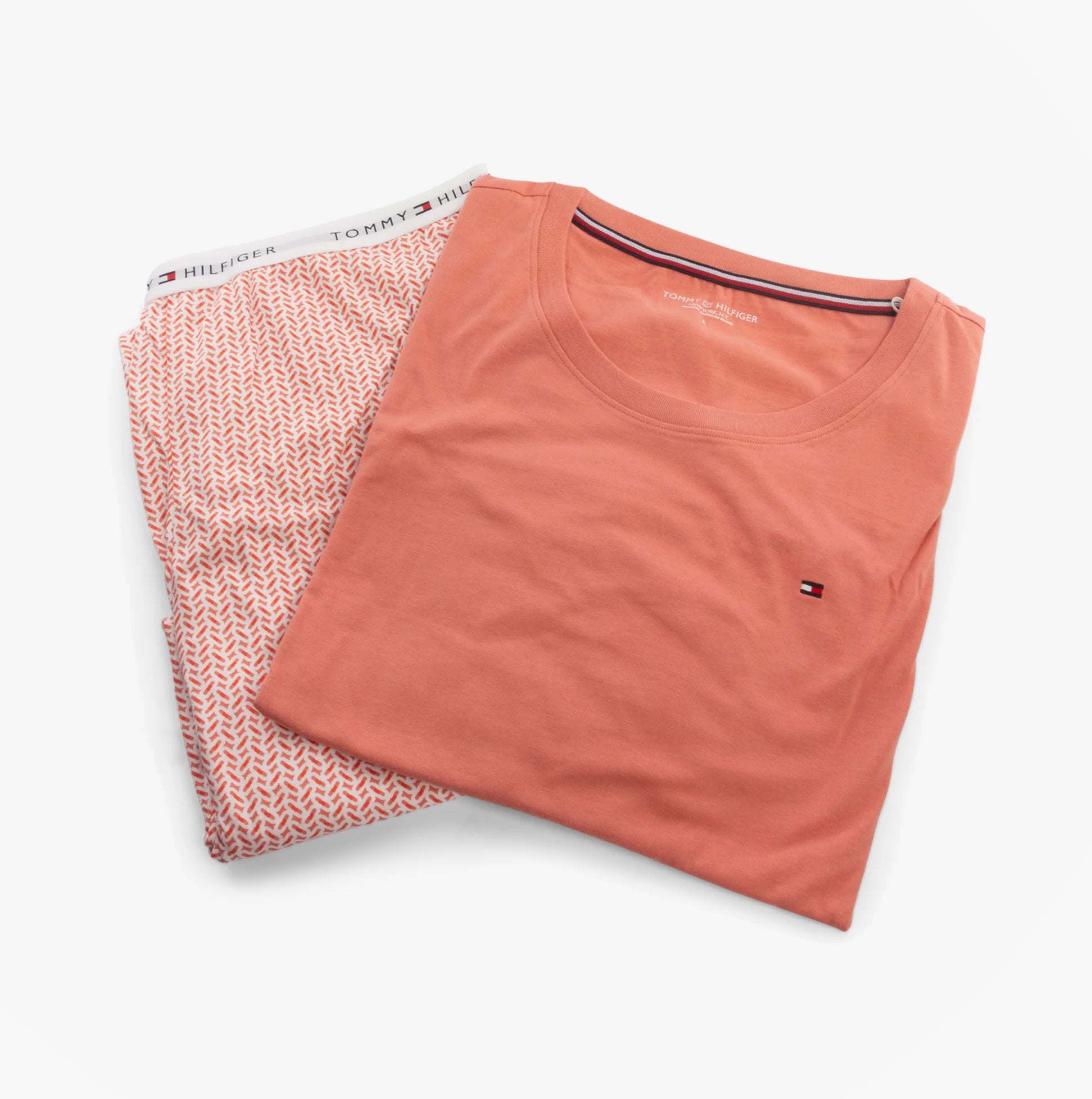 Tommy Hilfiger TH ICON Long Sleeve Jersey Pyjama Set Womens Coral Clay / Mini Geo Pink top front view with printed pants.