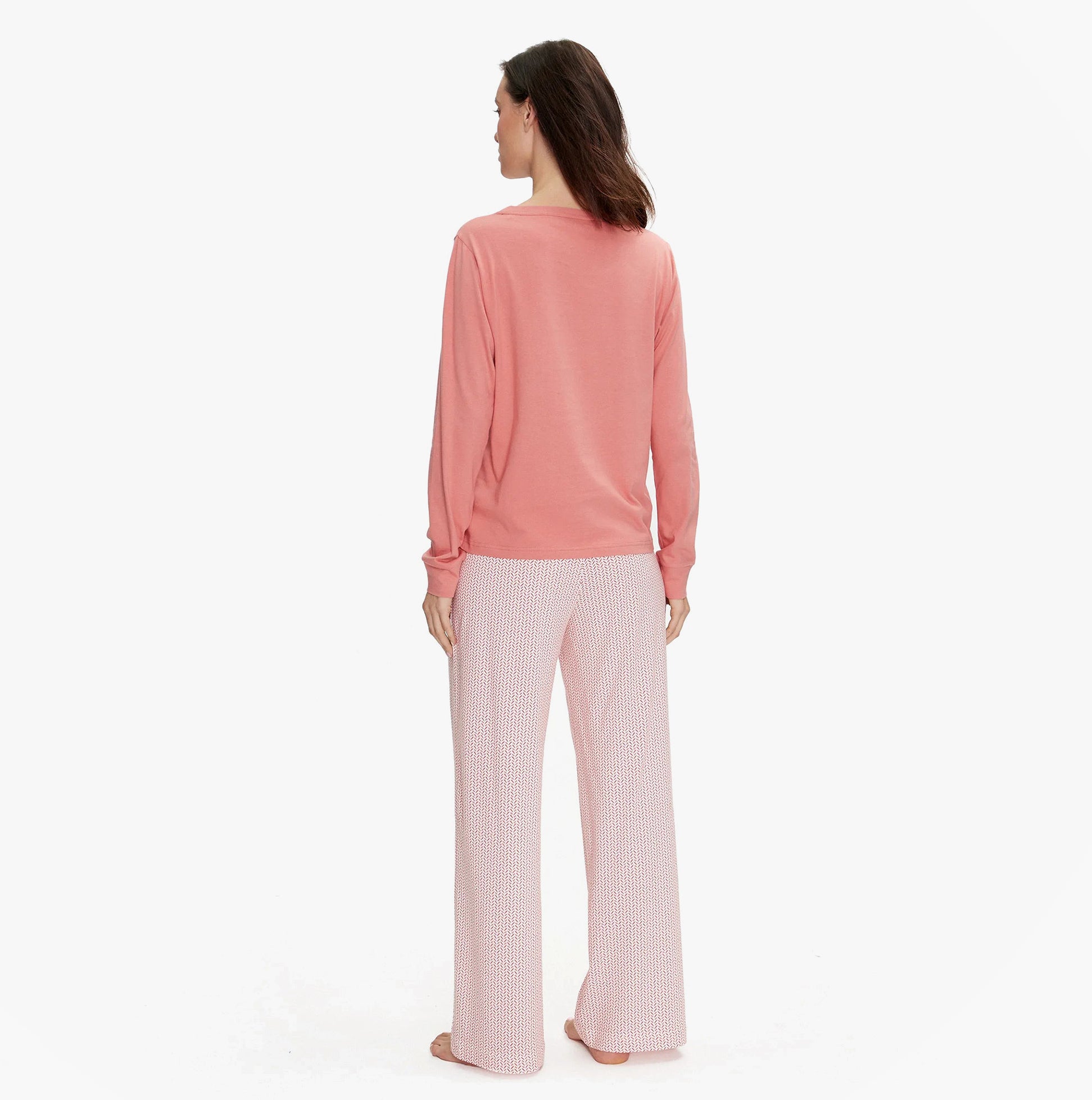 Tommy Hilfiger TH ICON Long Sleeve Jersey Pyjama Set Womens Coral Clay / Mini Geo Pink back view with long sleeves and elasticated waistband.