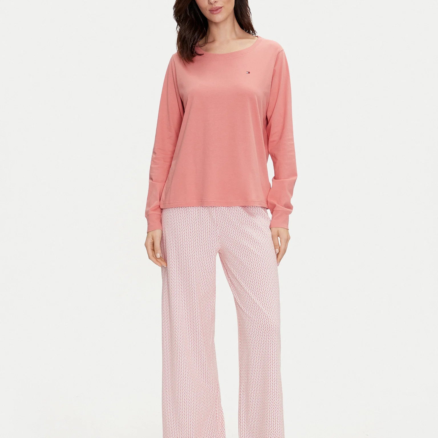 Tommy Hilfiger TH ICON Long Sleeve Jersey Pyjama Set Womens Coral Clay / Mini Geo Pink