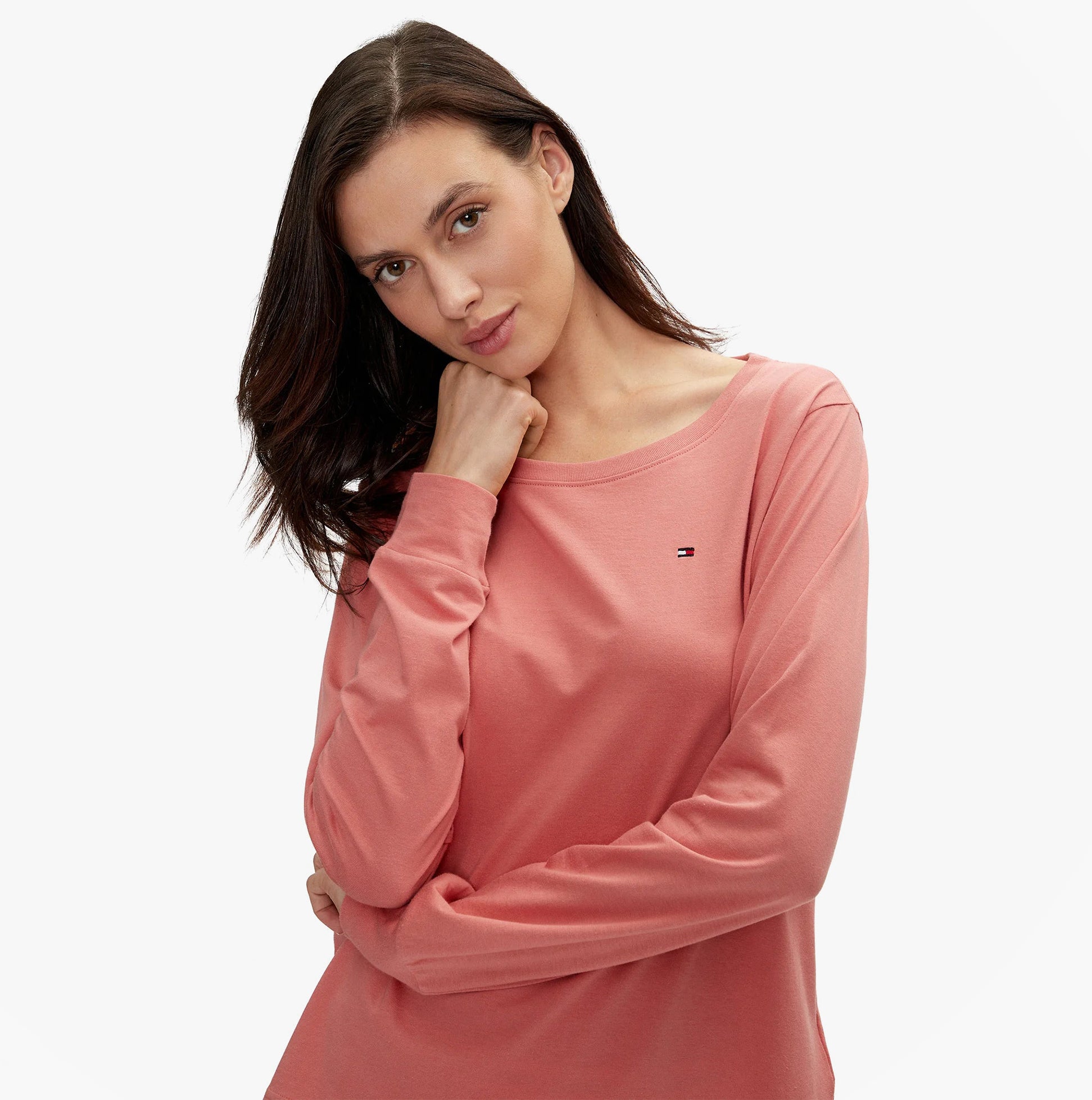 Tommy Hilfiger TH ICON Long Sleeve Jersey Pyjama Set Womens Coral Clay / Mini Geo Pink front view model wearing top