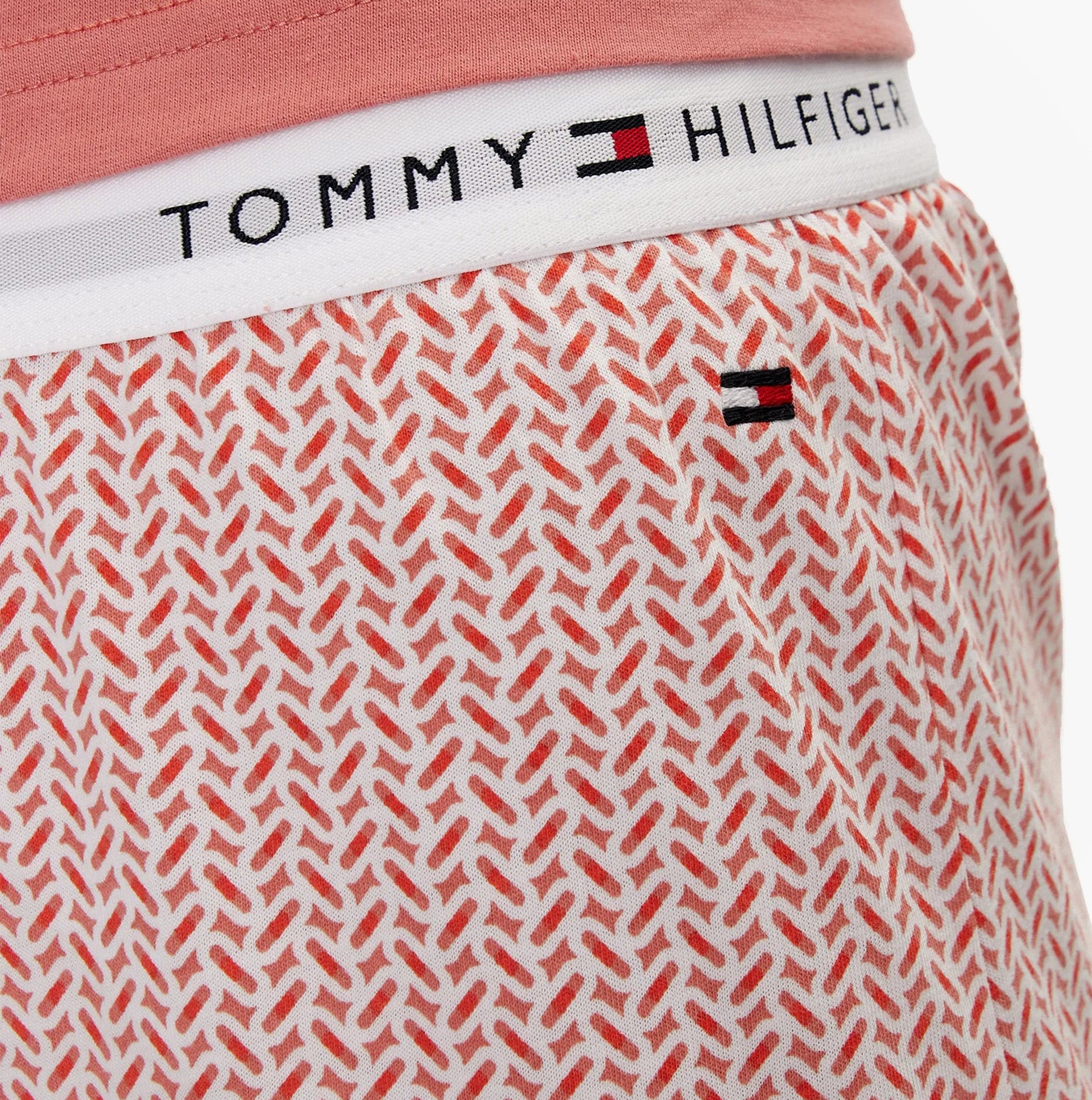 Tommy Hilfiger TH ICON Long Sleeve Jersey Pyjama Set Womens Coral Clay / Mini Geo Pink detail view of waistband and fabric pattern