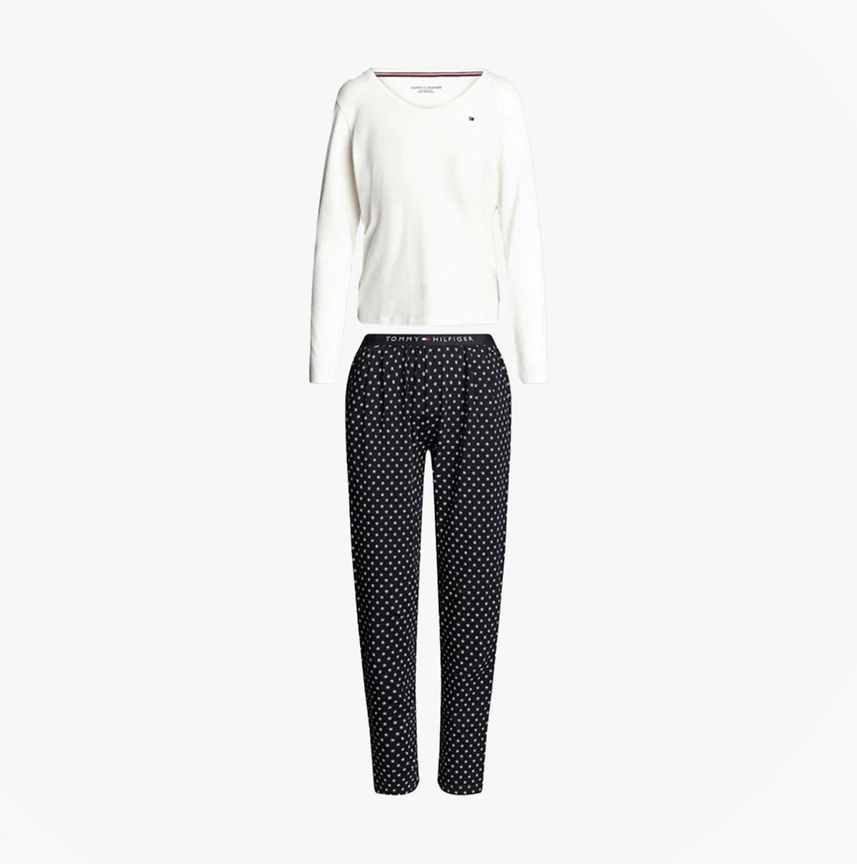 Tommy Hilfiger ORIGINAL Womens Pyjama Set Ancient White/Star Navy front view featuring long sleeves and printed pants.