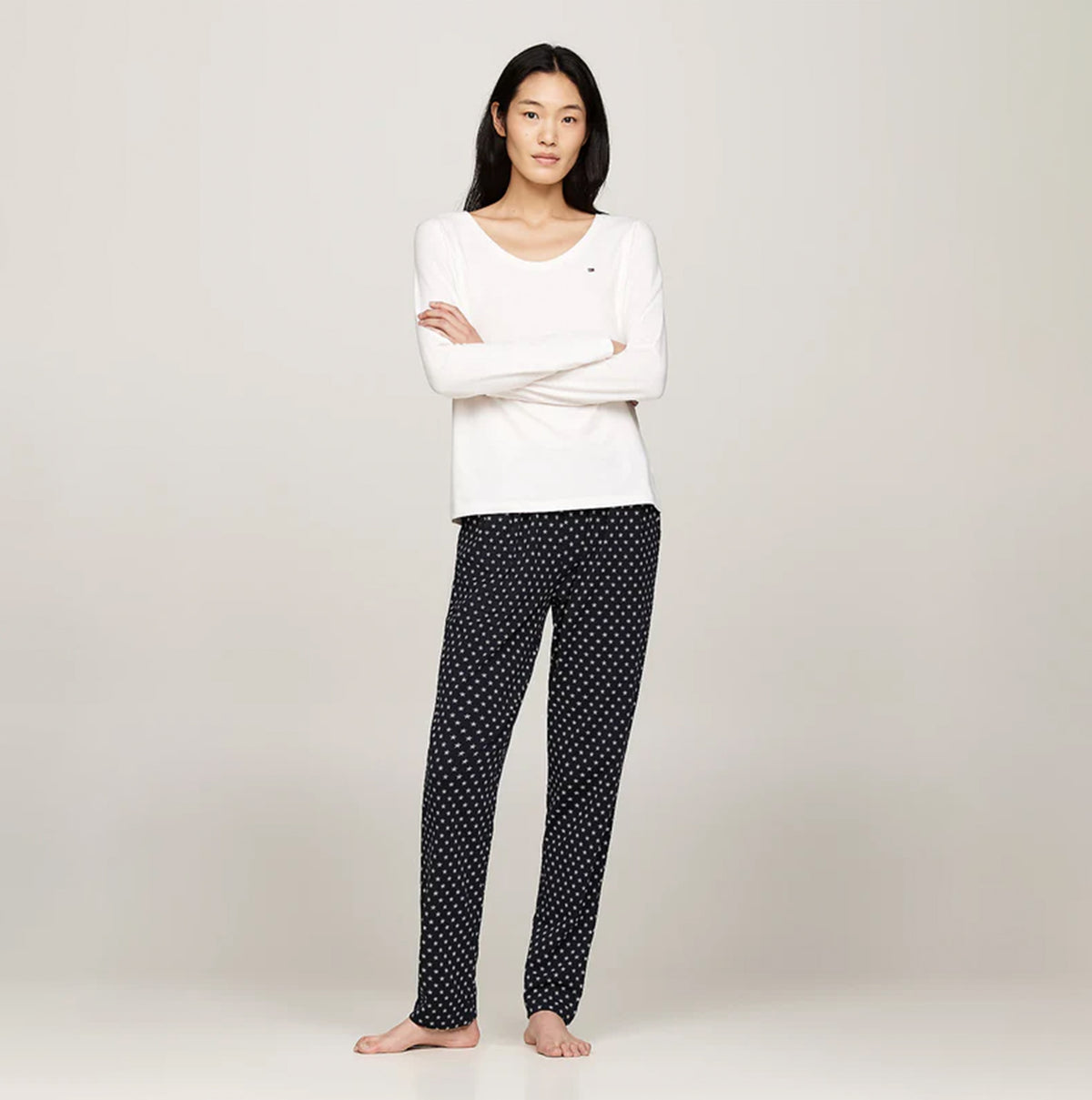 Tommy Hilfiger ORIGINAL Womens Pyjama Set Ancient White/Star Navy front view showcasing long sleeve top and polka dot bottoms.