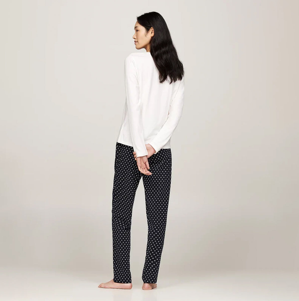 Tommy Hilfiger ORIGINAL Womens Pyjama Set Ancient White/Star Navy back view showcasing long sleeve and all-over print pants.