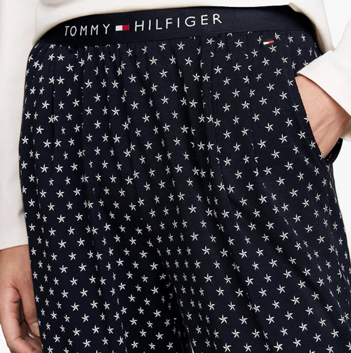 Tommy Hilfiger ORIGINAL Womens Pyjama Set Ancient White/Star Navy detail view of star print bottoms and waistband