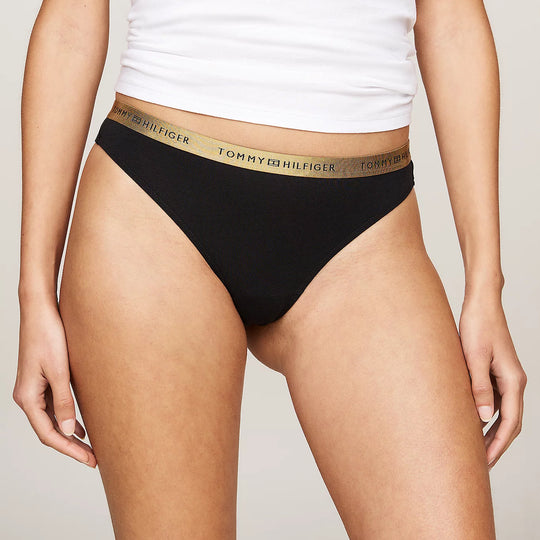 Tommy Hilfiger GIFT UNDERWEAR Womens 5 Pack Thongs Multicoloured front view of black thong with logo waistband.